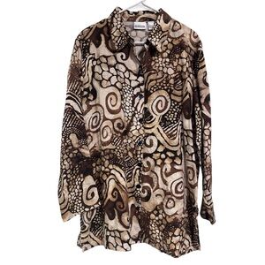 Chico’s Linen Tunic Blouse Size 2 Large Brown Abstract Print Relaxed Fit Spring